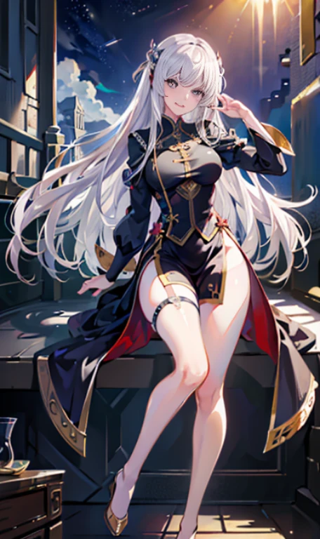 castle background, throne, cloud, glass, mountain, movie light, 1 girl, long hair, solo, standing on one leg, garter, thighs, dress, looking at the audience, very long hair, standing, silver hair, full body, smile, white hair, leg up, a girl, the best quality, masterpiece, illustration, an extremely delicate and beautiful, very detailed, CG, unity, 8k wallpaper, amazing, fine details, huge file size, super detailed, high resolution, extremely detailed, beautiful meticulous girl, Extremely detailed eyes and face, beautiful detailed eyes,