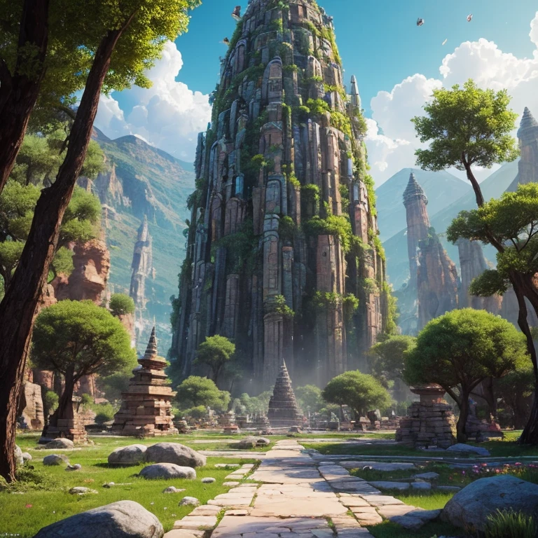 In the heart of the scene,two ancient beings, Thanato and Pepperit, display profound cosmic energy. Surrounding them, a vibrant explosion of colors bursts forth, representing the original state of the universe, as newborn and full of life. Five gods, named Ozis, Coal Town, Teos, Zilewo, and Zulfikar, can be seen in the image. Each one has a distinct appearance and expression, reflecting the connection between the beings and the universe.
Around the universe, eight enormous floating rocks tower, symbolizing the cosmic garden: Zalanle, Mayoris, Acrillis, Terrax, Moam, Regresar
