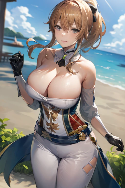 masterpiece, high resolution, best quality, beautiful art, rendered art, well formed body, hands and fingers, 1 woman, solo, Jean Gunnhildr, big breasted, cleavage, blue_japanese_clothes, sexy outfit, sleeveless, white stockings, alluring body, full body, sexy legs, hips and thighs, dancing seductively, smiling joyfully, looking at the viewer, beach background