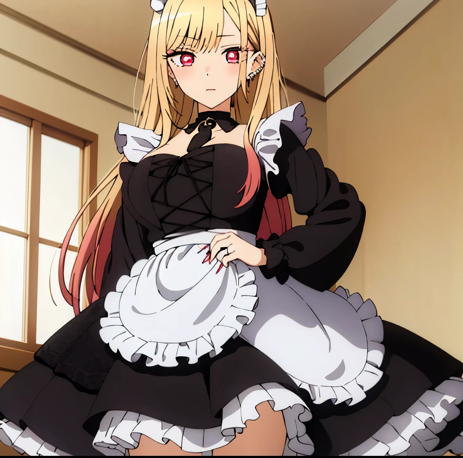 1girl, alone ,Marin Kitagawa, long hair, blonde hair, red eyes, piercing, earrings, ear piercing, stud earrings, black choker,  wrist scrunchie, long fingernails, gyaru, (maid dress:1.2), shy, maid headdress,, (masterpiece:1.2), highres, best quality, 8k, very clear,big breasts, medium waist, wide hips, medium thighs, perfect hands, perfect anatomy