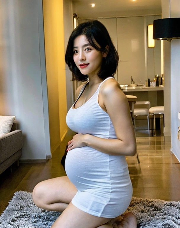 Pregnancy photo of beautiful pregnant woman kneeling in modern minimalist apartment, black hair,shortcut, (masterpiece, highest quality, incredible details, perfect lighting, Ultra-high skin detail:1.2), perfect face, perfect lips, perfect mouth、Japanese、Asian