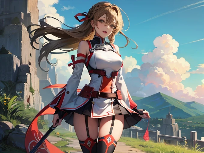 1girl, asuna_\(sao\), bangs, bare_shoulders, blue_sky, blush, boots, braid, breastplate, breasts, brown_eyes, opened_mouth, cloud, cloudy_sky, day, detached_sleeves, grass, hair_between_eyes, long_hair, looking_at_viewer, mountain, outdoors, rock, dancing, thin skirt, sky, smile, solo, , very_long_hair, big boobs,( clothes see through 1.2), Fantasy anime lighting, fantasy anime, NSWF, Nude --auto --s2