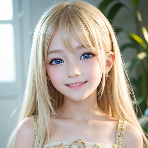 one very beautiful cute young girl、10 years old、((very happy smile ))、Embarrassed blush、shiny skin、 Very cute and beautiful face、Shiny and very beautiful pure white skin、Very beautiful and cute light blue eyes、Beautiful very long shiny blonde hair with golden shine、Beautiful cute bright look、Clear double eyelids