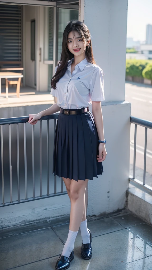 highest resolution, 8K, high definition, (((long hair))), ((beautiful girl, Half Thai-Japanese-Korean, Age 18-25 years, Height 173 centimeters)), (((stand, walk))) , (((Beautiful face, แต่งBeautiful face, Double eyelids, red lips, Smile at the corners of your mouth., Beautiful eyes))), ((beautiful woman, Real figure)), ((Short-sleeved shirt, Thin white shirt, collar shirt)), ((Name embroidered in blue letters on the right chest of the shirt. "Pornpitak" Rungruang Apiwatsakul")), ((สัญลักษณ์โลโก้schoolที่อกซ้าย)), ((six-pleated skirt, long skirt, dark blue)), ((six-pleated skirtสีกรมท่า, There is a women&#39;s belt.)), ((Huge breasts, Breast augmentation, Full chest, Big breasts)), ((Symmetrical figure, Sexy Body)), ((Thin body, Slim figure, small waist)), ((black elementary school shoes, Short white socks)), ((apple watch watch)), ((school bag)), (((Full body, look at every part of the body))), ((background, balcony, building, school, building))