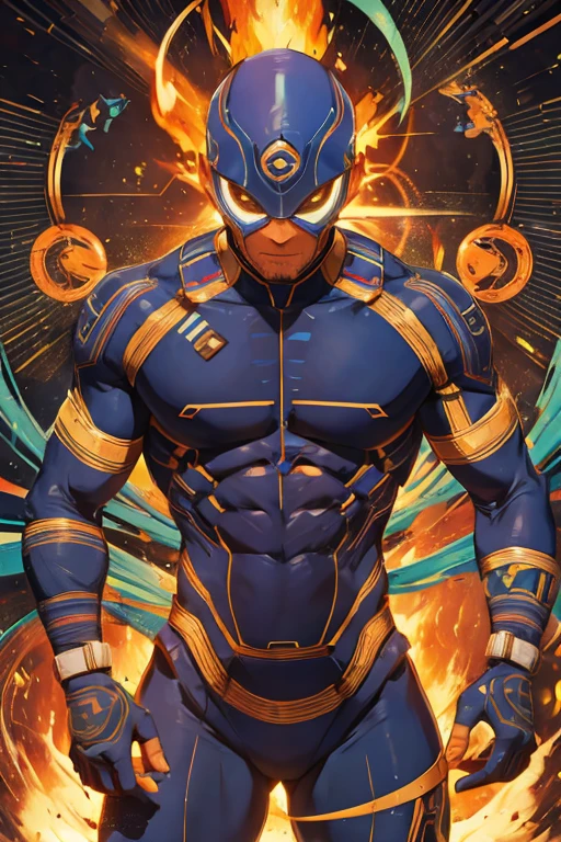 Master Piece, best quality, (extremely detailed CG unity 8k wallpaper), (best quality) 8k detail. COMIC ART,  a close up of a drawing of a man in a blue suit,  tall muscular bald black man in blue skin tight costume that covers his whole body except his chin and mouth, he is wearing orange eye goggles, there is an orange fin on top oh his head, he has an orange chest design of a "U", large blue man has small electrical static discharge visible on his skin. full portrait, superhero character, 90s comic book character design, comic book character, heroic masculine pose, caracal cyborg, full body concept, some orange and blue, vibrant fan art, no backdrop, white background.
