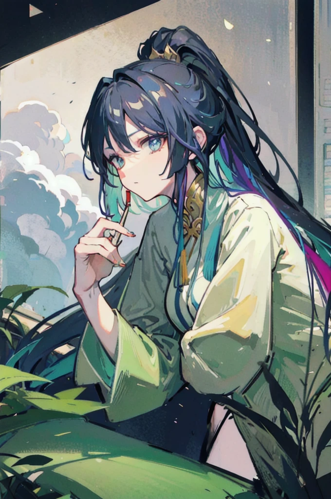 old Chinese decorations, perfect face, calm expression, drinking tea from Chinese porcelain, contrast light, vivid colours, smoke, the person is slightly turned away from the camera