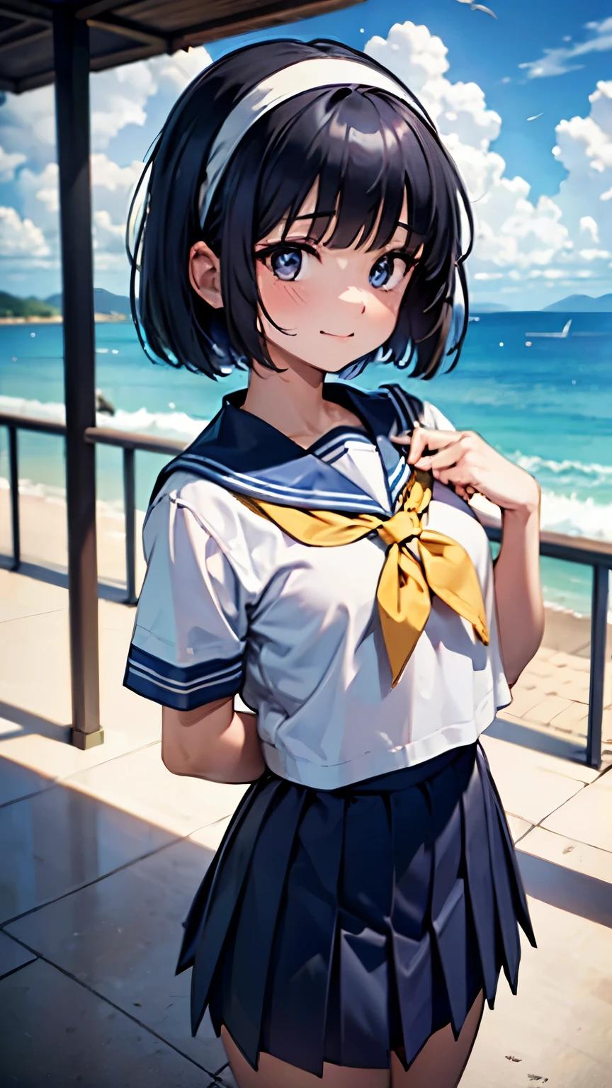 (masterpiece: 1.3), (highest quality:1.4), ultra high resolution, (fine eyes), (detailed facial features), (Detailed features of clothing), HDR, 8K resolution,  navy blue sailor uniform, High school girl in sailor suit, Dark blue skirt, Anime 2D rendering, smile, black hair, (((navy blue sailor uniform))), black stockings, (((school scenery))), (((small face))), bob cut, ((White headband)), pose of looking back, 