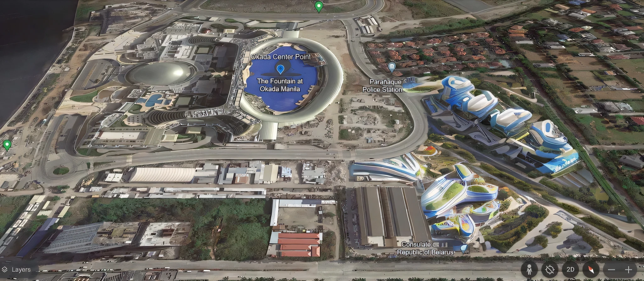 entertainment city-scape, artistic and futuristic buildings, mid-rise buildings, with amusement park, mini lagoon, parking area, navigational road paths, detailed, highly realistic, lumion render