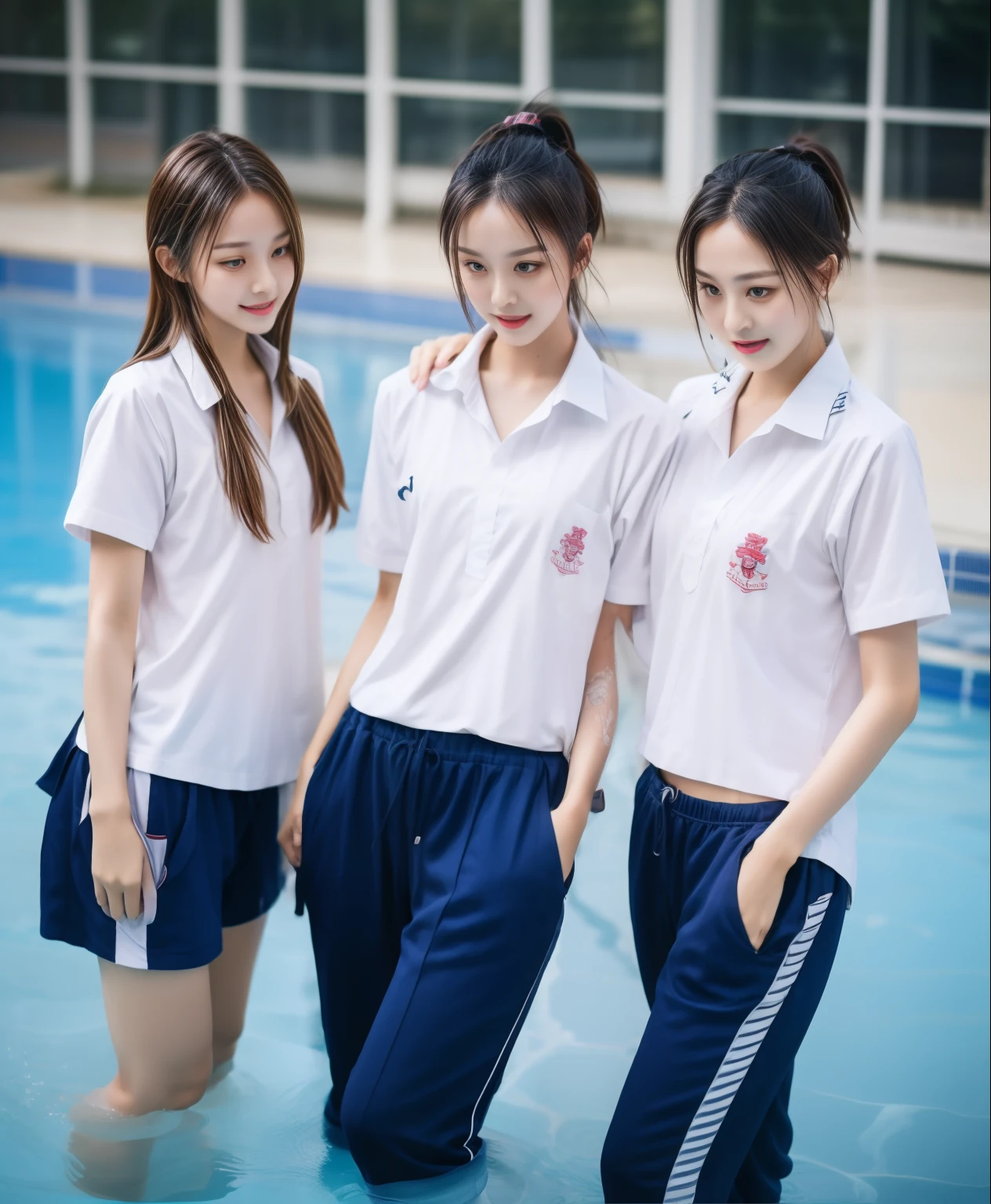 3 girls in the swimming pool, Navy blue short-sleeved shirt,Navy Long Trackpant,Sweatpants, Sweatpantsขายาว,25 year old girl, lesbian, sexy, exercise clothes, wet body, exercise clothes