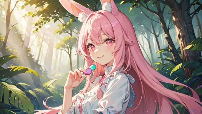 masterpiece,highest quality, barefoot, Raise your knees, dress, Sitting, smile, Outdoor, Puff short sleeves, bangs, pink bunny hat,
