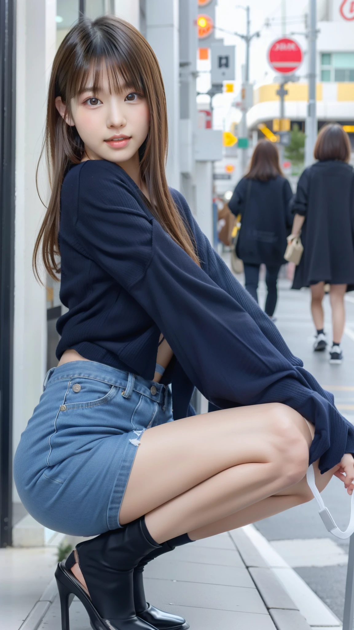 Photo taken by a professional photographer，Close-up of a woman squatting on the sidewalk with her legs crossed, kiko mizuhara, wearing a sweater, Shirahime cut brown hair, wearing a sweater, young and cute girl, japanese model, 白いwearing a sweater, Chiho, ランダムカラーのカジュアルなwearing a sweater, denim shorts，Side waves with short hair, a cute young woman, cute young woman, Panty stocking，