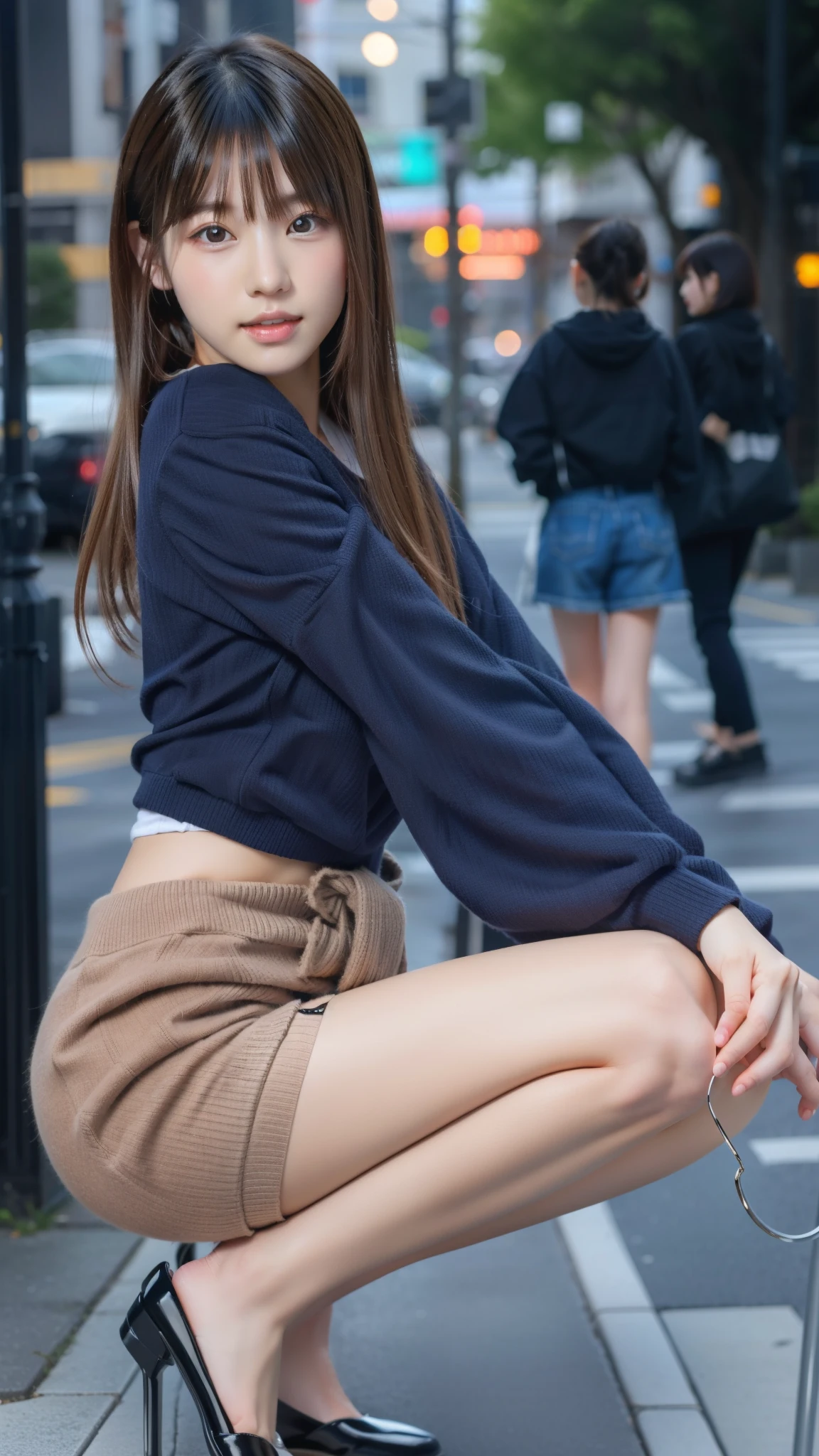 Photo taken by a professional photographer,Close-up of a woman squatting on the sidewalk with her legs crossed, kiko mizuhara, wearing a sweater, Shirahime cut brown hair, wearing a sweater, young and cute girl, japanese model, 白いwearing a sweater, Chiho, ランダムカラーのカジュアルなwearing a sweater, denim shorts,Side waves with short hair, a cute young woman, cute young woman, Panty stocking,