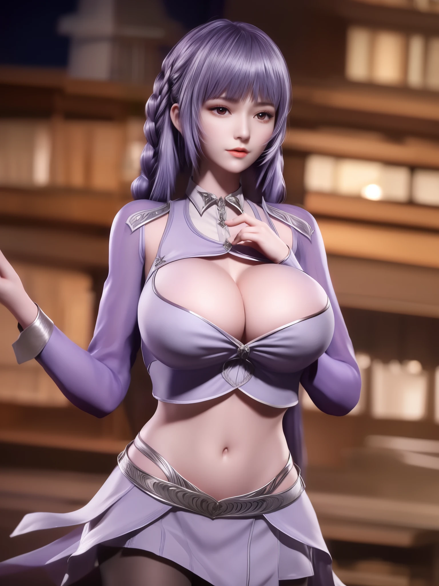 1girl,low twintails, mature female, looking at viewer, cityscape, night, cowboy shot, navel,crop top, long sleeves, skirt,braid, pantyhose, metal trim,purple hair, shiny hair, midriff,、exposing her chest、Show breasts、huge boobs，huge breasts、exposing her chest、exposing her chest、Show breasts、huge boobs，huge breasts、exposing her chest、exposing her chest、Show breasts、huge boobs，huge breasts、exposing her chest、exposing her chest、Show breasts、huge boobs，huge breasts、exposing her chest、exposing her chest、Show breasts、huge boobs，huge breasts、exposing her chest、exposing her chest、Show breasts、huge ，huge breasts、exposing her chest