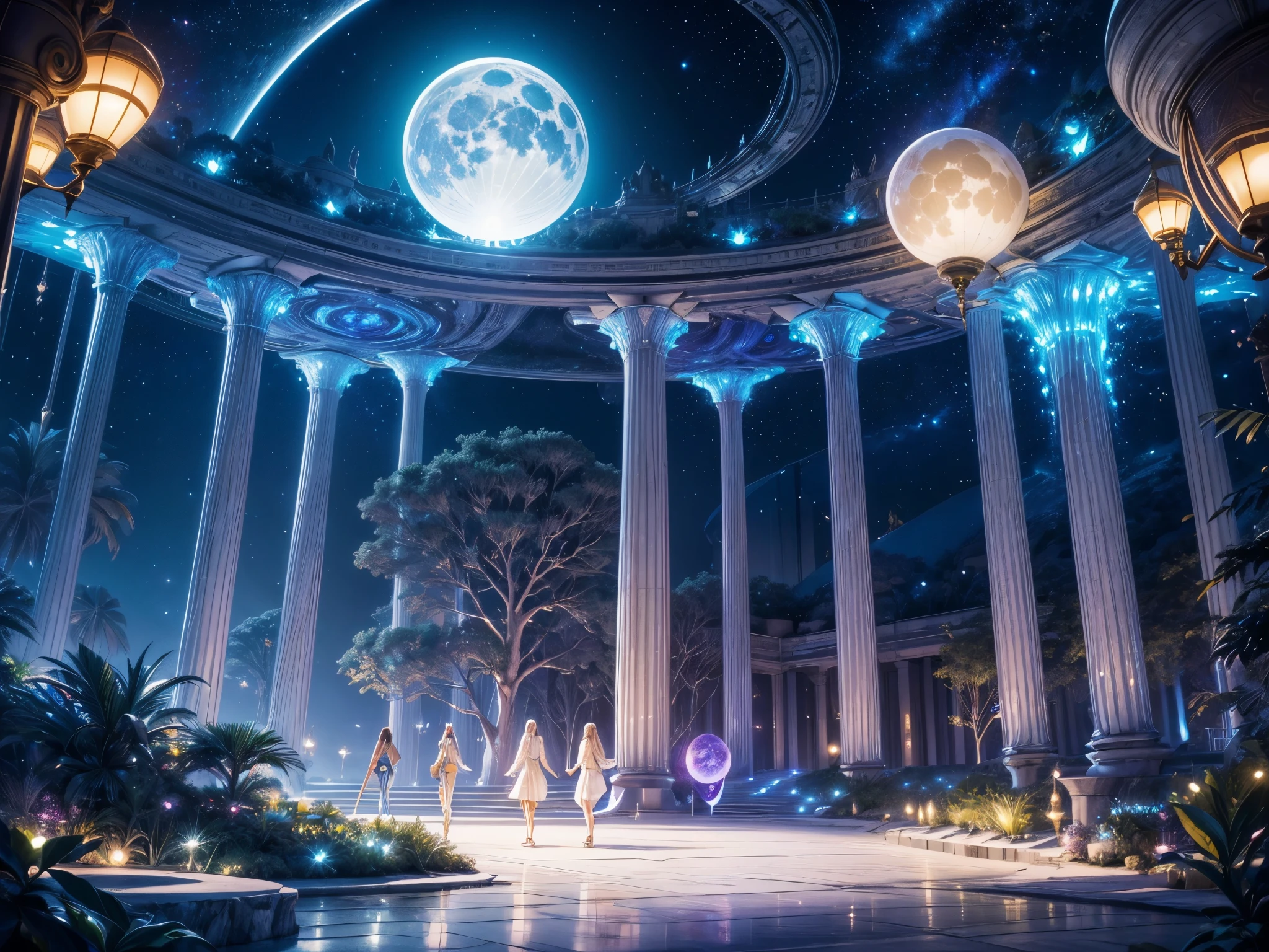 (best quality,4k,8k,highres,masterpiece:1.2),ultra-detailed,realistic,outer space,extraterrestrial beings,alien resort on the moon,crystal clear sky,giant transparent dome,hovering spaceships,long walkways lined with futuristic trees,reflective surfaces,high-tech buildings,floating gardens,intricate architecture,multiple moons in the night sky,illuminated by soft moonlight,celestial decorations,holographic displays,cosmic music,visitors in futuristic attire,glimmering pathways,exotic flora and fauna,zero gravity zones,panoramic views of the galaxy,galactic cuisine,interstellar transportation systems,colorful light installations,cosmic cocktails,alien language translation devices,relaxing spa treatments,floating hotels,moonwalking dance floor,lunar adventures,twinkling stars,tidal forces,celestial pleasures,mysterious moon artifacts,solar-powered energy,otherworldly sculptures,peaceful ambiance,extravagant lunar parties,zero pollution environment,stellar beachfront,stellar beach activities,giant lunar crystals,moon buggy tours,enchanting moon gardens,breathtaking lunar landscapes,intergalactic communication devices,luminous moon resorts.