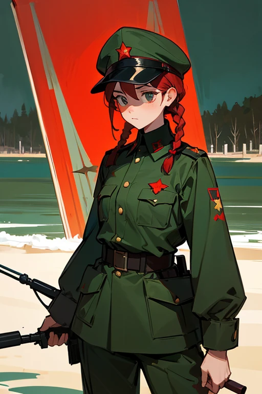 A painting of a woman wearing dark green military uniform standing by the lake,Soviet Union,infantry girl, sniper in war,Two twisted braids,reds,Dark green military cap with red stars,Two-dimensional style