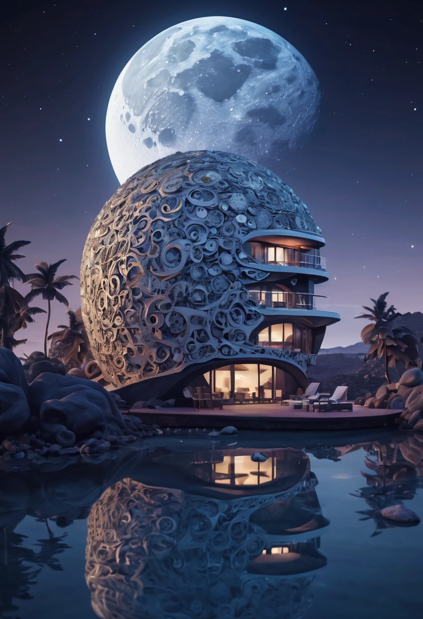 (best quality,4k,8k,highres,masterpiece:1.2),ultra-detailed, A capsuled huge modern hi-fi hotel-resort in the moon, zentangle, origami, cinematic, 3d crunch, by my self...lol