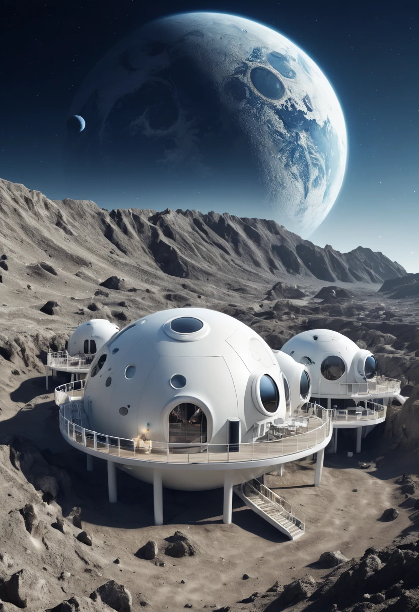 capsuled resort in the moon, we can see the planet earth in the background of the photo