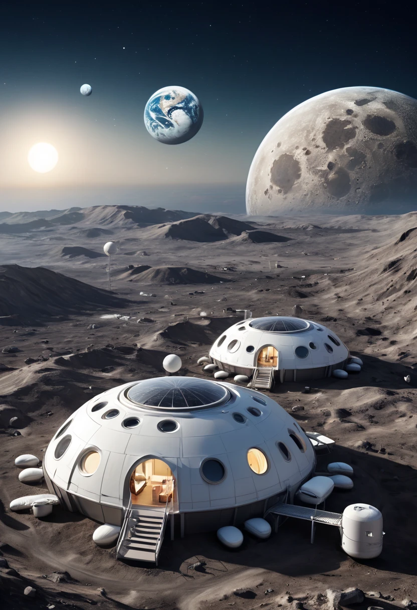 capsuled resort in the moon, we can see the planet earth in the background of the photo