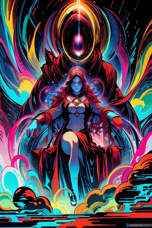 una mujer con una capa roja parada frente a un fondo colorido, Estilo Dan Mumford y Alex Grey, En el estilo Dan Mumford Artwork, Kilian Eng colores vibrantes, Just Bartel, Diosa Cyborg en el cosmos, Pintura de Dan Mumford, Trueno fractal Dan Mumford, in the art style of dan mumford, inspirado por Dan Mumford, y mumford tom bagshaw