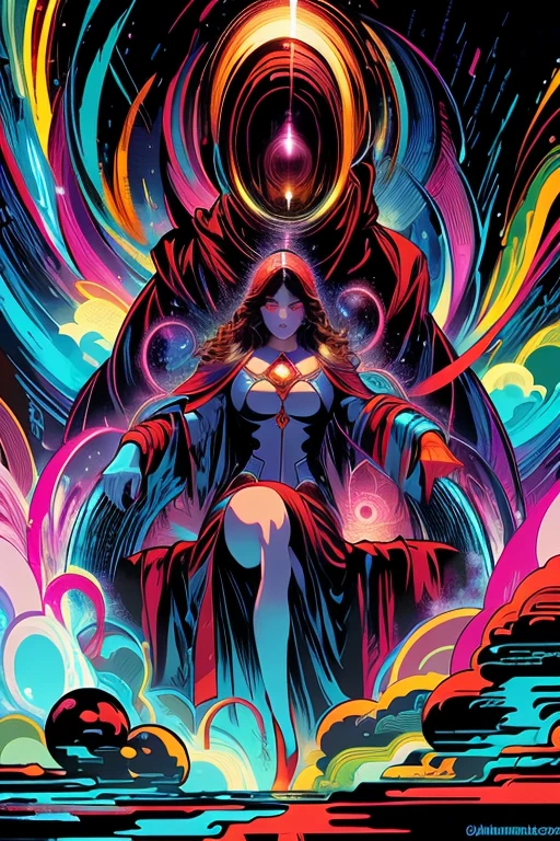 una mujer con una capa roja parada frente a un fondo colorido, Estilo Dan Mumford y Alex Grey, En el estilo Dan Mumford Artwork, Kilian Eng colores vibrantes, Just Bartel, Diosa Cyborg en el cosmos, Pintura de Dan Mumford, Trueno fractal Dan Mumford, in the art style of dan mumford, inspirado por Dan Mumford, y mumford tom bagshaw