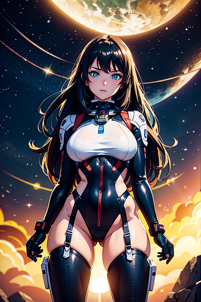 (best quality,4k,8k,highres,masterpiece:1.2),ultra-detailed,anime girl fantasy,sci-fi,space suit,big chest,front view,solo photo,thick hair,thick thighs,standing,thick legs,colorful,powerful lighting,deeper shadows,sharp focus,detailed facial features,sparkling eyes,background with celestial elements.