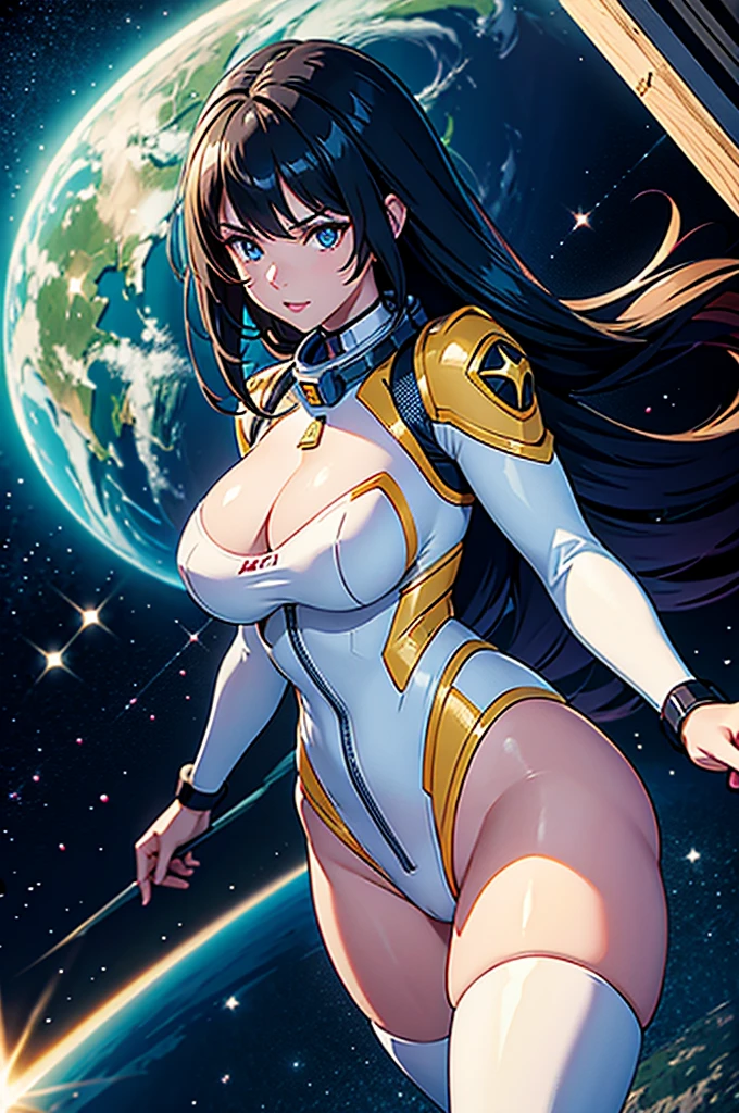 (best quality,4k,8k,highres,masterpiece:1.2),ultra-detailed,anime girl fantasy,sci-fi,space suit,big chest,front view,solo photo,thick hair,thick thighs,standing,thick legs,colorful,powerful lighting,deeper shadows,sharp focus,detailed facial features,sparkling eyes,background with celestial elements.