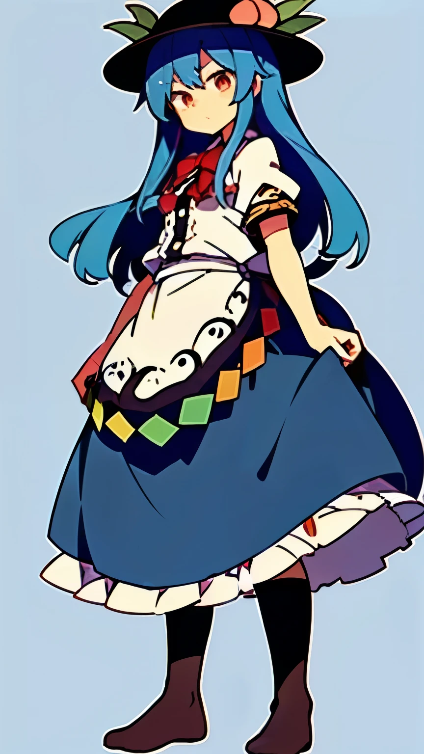 1girl,touhou,hinanawi tenshi, hat,peach,blue hair,long hair,red eyes,bow,short sleeves,shirt,(long skirt:1.5),frills,(navy blue kneehighs,no shoes,simple background:1.2),standing