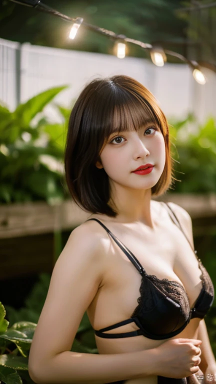 (8k, top quality, masterpiece: 1.2), (realistic, photorealistic: 1.37), super detail, one girl, wide angle of view, firefly garden, lots of small faint light and fireflies flying around, night, sexy breast and seductive lingerie, short hair Masterpiece 