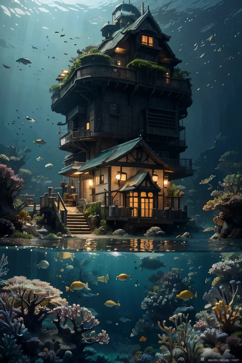 Colontasy: 1.2), (Hayao Miyazaki style), (irregular building floating under the sea), patchwork hut, moss decoration, coral, lamp, Concept art inspired by Andreas Rocha, Art Station Contest Winners, fantasy art, (underwater city), Ross Tran, Axis, 逼真的lamp光, masterpiece, high quality, Beautiful graphics, high detail, masterpiece, high quality, Beautiful graphics, high detail,