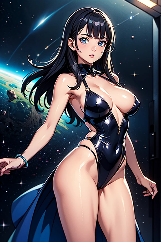 (best quality,4k,8k,highres,masterpiece:1.2),ultra-detailed,anime girl fantasy,sci-fi,space suit,big chest,front view,solo photo,thick hair,thick thighs,standing,thick legs,colorful,powerful lighting,deeper shadows,sharp focus,detailed facial features,sparkling eyes,background with celestial elements.