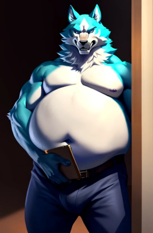 shirou_ogami, shirou_BNA, 4k, high resolution, best quality, posted on e621, solo, anthro body, male, adult, strong jawline, annoyed expression, angry expression, furrowed brow, masculine, musclegut, fat, big belly, (very overweight:2.0), full body, pants pulled down, bottonwear down, exposed penis, presenting penis, massive penis, 10 inch penis, standing up, bedroom, correct anatomy, snout, long snout, teeth, canine teeth, (night city background), (by taran fiddler, by chunie:1.0), (collar, belt, pants:1.1), (detailed face, detailed eyes:1.5), (cel shaded:1.2), strong shadows, confident, darkness:1.2, dark shadows, standing in shadows, dim