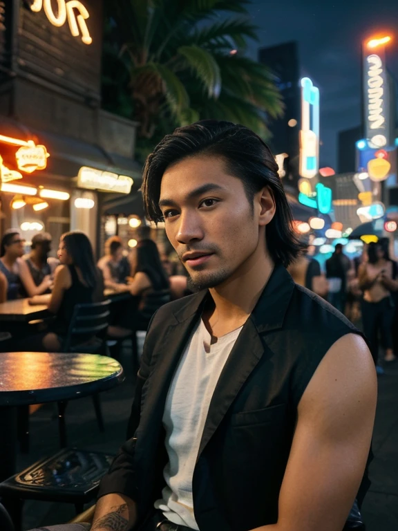 (a handsome man),(Asian),(Filipino:1.1),(gay:1.1),(nighttime),(relaxation),(city),(urban),(vibrant colors),(street lights),(silhouettes),(romantic atmosphere),(modern),(lively),(energetic),(detailed facial features),(expressive eyes),(well-groomed beard),(trendy hairstyle),(fashionable outfit),(confident pose),(relaxed body language),(background music),(cityscape),(busy streets),(skyscrapers),(neon lights),(nightlife),(indoor-outdoor setting),(tropical plants),(lit up cafes),(cozy seating),(friendly atmosphere),(exciting nightlife),(stylish architecture),(colorful signs),(nighttime activities),(socializing),(entertainment venues),(young crowd),(positive vibes)