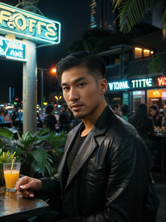 (a handsome man),(Asian),(Filipino:1.1),(gay:1.1),(nighttime),(relaxation),(city),(urban),(vibrant colors),(street lights),(silhouettes),(romantic atmosphere),(modern),(lively),(energetic),(detailed facial features),(expressive eyes),(well-groomed beard),(trendy hairstyle),(fashionable outfit),(confident pose),(relaxed body language),(background music),(cityscape),(busy streets),(skyscrapers),(neon lights),(nightlife),(indoor-outdoor setting),(tropical plants),(lit up cafes),(cozy seating),(friendly atmosphere),(exciting nightlife),(stylish architecture),(colorful signs),(nighttime activities),(socializing),(entertainment venues),(young crowd),(positive vibes)