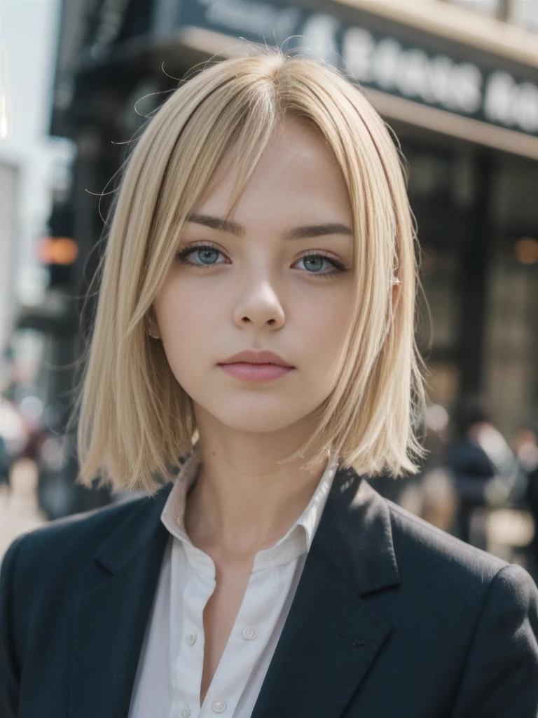 Portrait of a European girl,alone,20 years,Beautiful face,upper body,hair on one eye,Medium side cut, blonde hair, Sharp focus,Black Business Suit