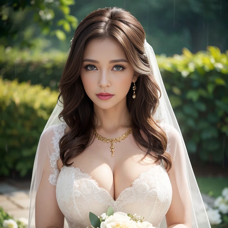 Beautiful woman of 43 years old brown hair wavy body and breasts voluptuous white wedding dress torn broken gold necklace in garden raining detailed face sad crimson lips blue eyes