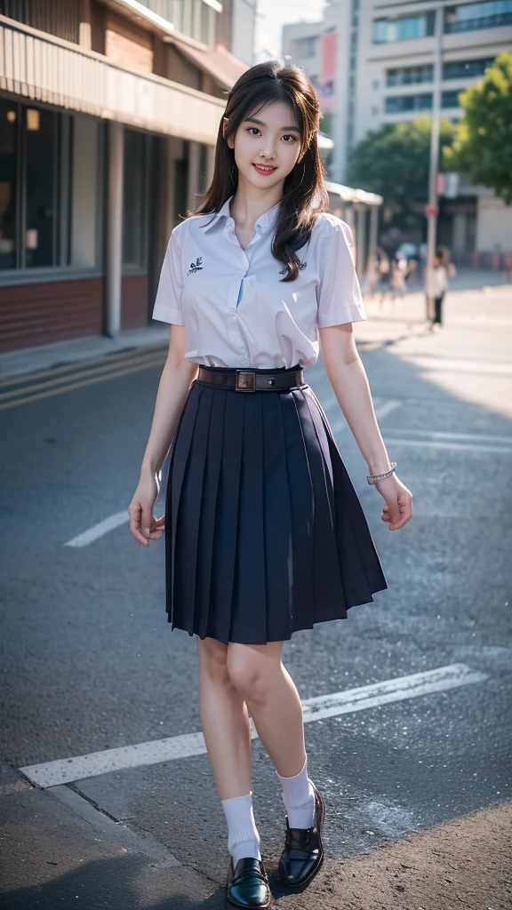 highest resolution, 8K, high definition, Realistic photos, realistically, HDR., (((long hair))), ((beautiful girl, Half Thai-Japanese-Korean)), ((Age 18-25 years, Height 173 centimeters)), (((stand, walk))) , (((Beautiful face, แต่งBeautiful face, Double eyelids, red lips, Smile at the corners of your mouth., Beautiful eyes))), ((beautiful woman, Real figure)), ((Short-sleeved shirt, Thin white shirt, collar shirt)), ((Name embroidered in blue letters on the right chest of the shirt. "Pornpitak" Rungruang Apiwatsakul")), ((สัญลักษณ์โลโก้schoolที่อกซ้าย)), ((six-pleated skirt, long skirt, dark blue)), ((six-pleated skirtสีกรมท่า, There is a women's belt.)), ((Huge breasts, Breast augmentation, Full chest, Big tits)), ((Symmetrical figure, Sexy Body)), ((Thin body, Slim figure, small waist)), ((black elementary school shoes, Short white socks)), ((apple watch watch)), ((student handbag)), (((Full body, look at every part of the body))), ((background, stadium, building, school, building))