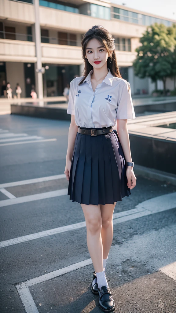 highest resolution, 8K, high definition, Realistic photos, realistically, HDR., (((long hair))), ((beautiful girl, Half Thai-Japanese-Korean)), ((Age 18-25 years, Height 173 centimeters)), (((stand, walk))) , (((Beautiful face, แต่งBeautiful face, Double eyelids, red lips, Smile at the corners of your mouth., Beautiful eyes))), ((beautiful woman, Real figure)), ((Short-sleeved shirt, Thin white shirt, collar shirt)), ((Name embroidered in blue letters on the right chest of the shirt. "Pornpitak" Rungruang Apiwatsakul")), ((สัญลักษณ์โลโก้schoolที่อกซ้าย)), ((six-pleated skirt, long skirt, dark blue)), ((six-pleated skirtสีกรมท่า, There is a women&#39;s belt.)), ((Huge breasts, Breast augmentation, Full chest, Big tits)), ((Symmetrical figure, Sexy Body)), ((Thin body, Slim figure, small waist)), ((black elementary school shoes, Short white socks)), ((apple watch watch)), ((student handbag)), (((Full body, look at every part of the body))), ((background, stadium, building, school, building))