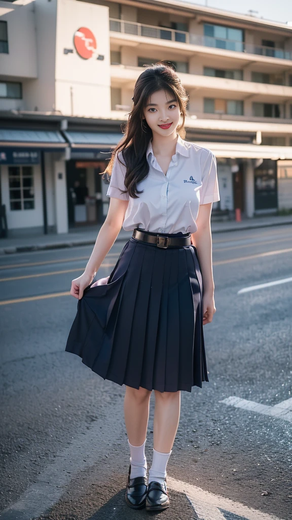 highest resolution, 8K, high definition, Realistic photos, realistically, HDR., (((long hair))), ((beautiful girl, Half Thai-Japanese-Korean)), ((Age 18-25 years, Height 173 centimeters)), (((stand, walk))) , (((Beautiful face, แต่งBeautiful face, Double eyelids, red lips, Smile at the corners of your mouth., Beautiful eyes))), ((beautiful woman, Real figure)), ((Short-sleeved shirt, Thin white shirt, collar shirt)), ((Name embroidered in blue letters on the right chest of the shirt. "Pornpitak" Rungruang Apiwatsakul")), ((สัญลักษณ์โลโก้schoolที่อกซ้าย)), ((six-pleated skirt, long skirt, dark blue)), ((six-pleated skirtสีกรมท่า, There is a women's belt.)), ((Huge breasts, Breast augmentation, Full chest, Big tits)), ((Symmetrical figure, Sexy Body)), ((Thin body, Slim figure, small waist)), ((black elementary school shoes, Short white socks)), ((apple watch watch)), ((student handbag)), (((Full body, look at every part of the body))), ((background, stadium, building, school, building))