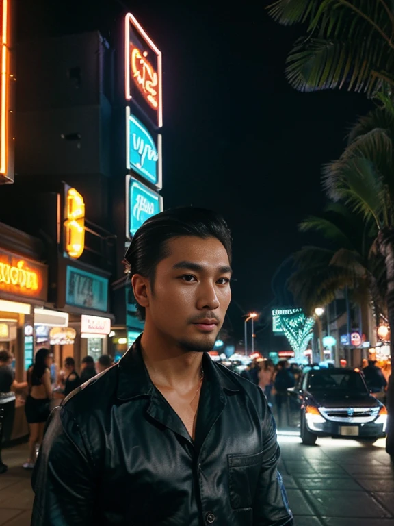 (a handsome man),(Asian),(Filipino:1.1),(gay:1.1),(nighttime),(relaxation),(city),(urban),(vibrant colors),(street lights),(silhouettes),(romantic atmosphere),(modern),(lively),(energetic),(detailed facial features),(expressive eyes),(well-groomed beard),(trendy hairstyle),(fashionable outfit),(confident pose),(relaxed body language),(background music),(cityscape),(busy streets),(skyscrapers),(neon lights),(nightlife),(indoor-outdoor setting),(tropical plants),(lit up cafes),(cozy seating),(friendly atmosphere),(exciting nightlife),(stylish architecture),(colorful signs),(nighttime activities),(socializing),(entertainment venues),(young crowd),(positive vibes)