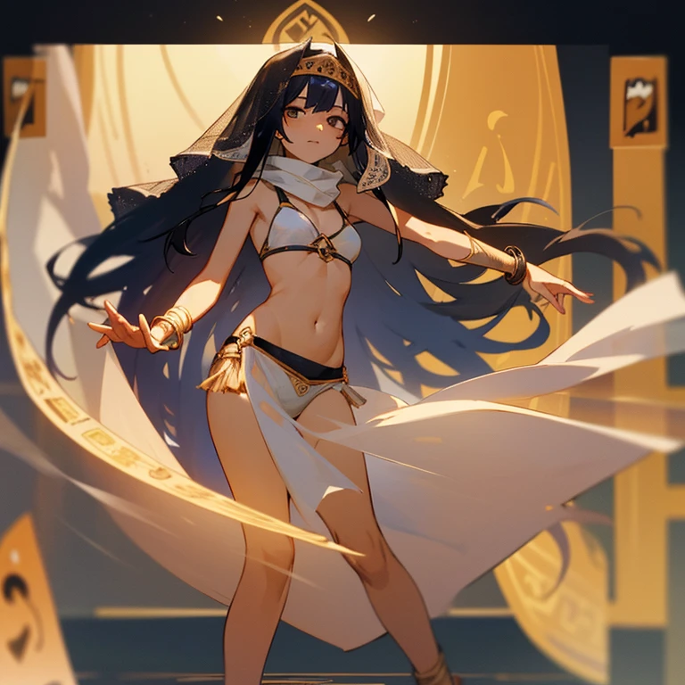 Kirito black egyptian dancer's clothing black skin, purple eyes, blushing smile, standing alone on the stage, Super huge big breasts breast enlargement breasts pumped up full-body shot looking at camera illustration, ultra-detailed, HDR, vibrant colors, soft lighting