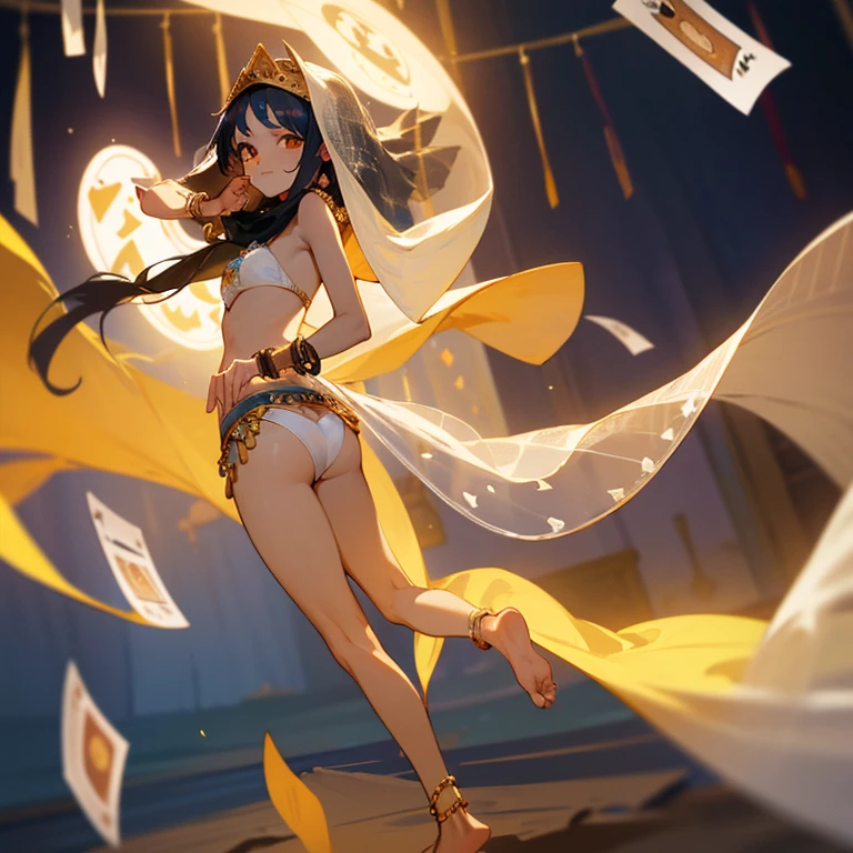 Young girl dancing wearing a white bikini、long black hair、wheat-colored skin、barefoot、anklet、bracelet、palace、lots of western lights、scarf、gypsy、Loma、(fortune teller:1.4)、(thin cloth face veil:1.4)