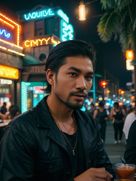 (a handsome man),(Asian),(Filipino:1.1),(gay:1.1),(nighttime),(relaxation),(city),(urban),(vibrant colors),(street lights),(silhouettes),(romantic atmosphere),(modern),(lively),(energetic),(detailed facial features),(expressive eyes),(well-groomed beard),(trendy hairstyle),(fashionable outfit),(confident pose),(relaxed body language),(background music),(cityscape),(busy streets),(skyscrapers),(neon lights),(nightlife),(indoor-outdoor setting),(tropical plants),(lit up cafes),(cozy seating),(friendly atmosphere),(exciting nightlife),(stylish architecture),(colorful signs),(nighttime activities),(socializing),(entertainment venues),(young crowd),(positive vibes)