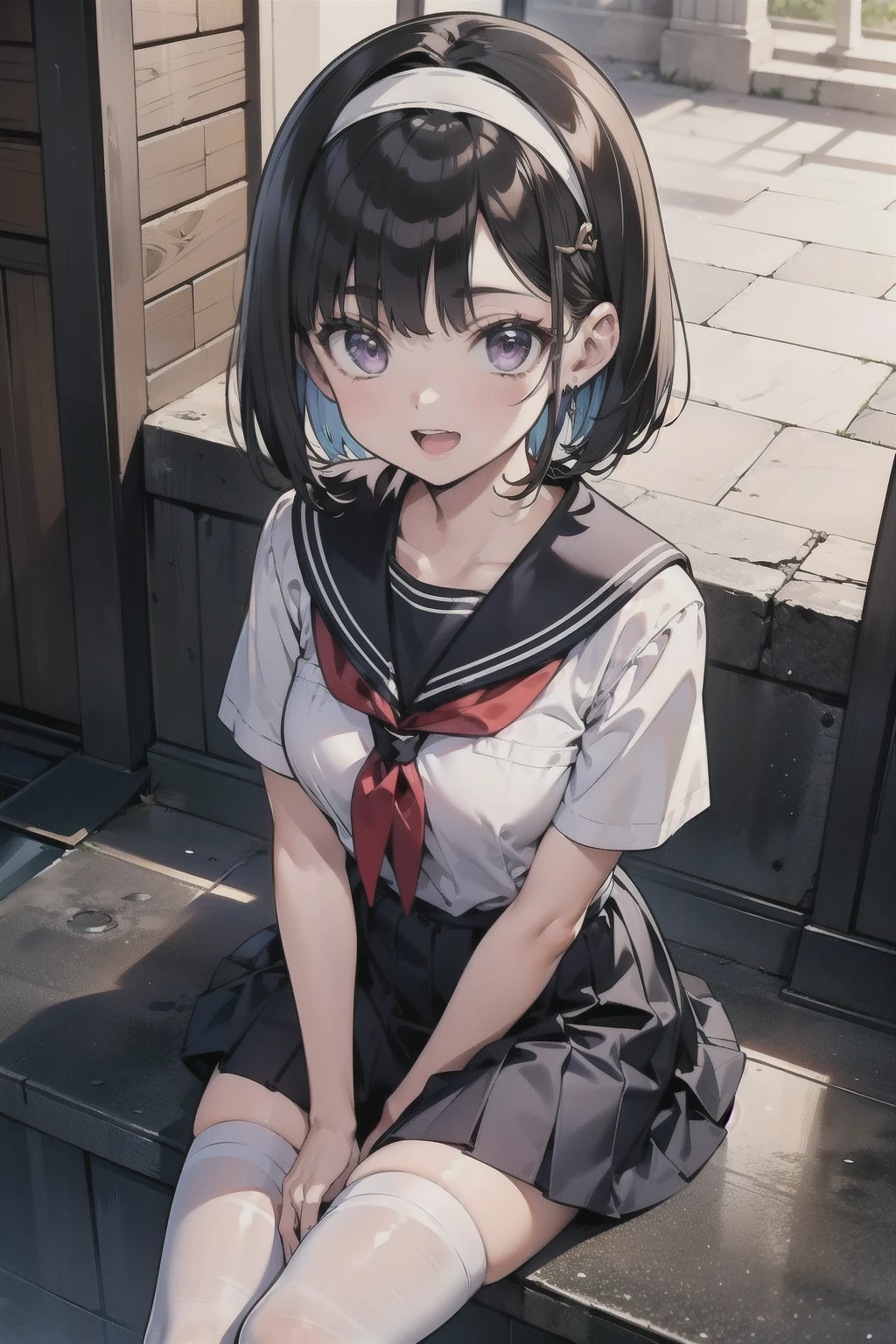 body 8 times longer than head, (Highly detailed CG unity 8k), (highest quality)，(very detailed)，(ultra high resolution), black hair, High school girl wearing a navy sailor suit, Anime 2D rendering, realistic young anime high school girl, ((White headband)), purple eyes, small breasts, tall, slanted eyes, (park scenery), black stockings, bright color, open your mouth a little, Dark blue skirt, bob cut, position looking down from above, An embarrassed smile, 