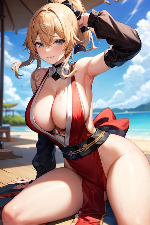masterpiece, high resolution, best quality, beautiful art, rendered art, well formed hands, body and fingers, 1 woman, solo, Jean Gunnhildr, big breasted, cleavage, cosplaying as Mai Shiranui, sexy Japanese clothes, alluring body, sexy outfit, gorgeous legs, hips and thigs, she is doing exercise, stretching her legs and arms, warming up, sexy moves, sexy training, sweating, working out, smiling joyfully, training montage session, bouncing breasts, beach background
