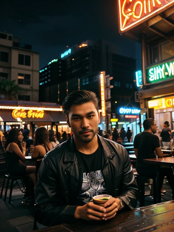 (a handsome man),(Asian),(Filipino:1.1),(gay:1.1),(nighttime),(relaxation),(city),(urban),(vibrant colors),(street lights),(silhouettes),(romantic atmosphere),(modern),(lively),(energetic),(detailed facial features),(expressive eyes),(well-groomed beard),(trendy hairstyle),(fashionable outfit),(confident pose),(relaxed body language),(background music),(cityscape),(busy streets),(skyscrapers),(neon lights),(nightlife),(indoor-outdoor setting),(tropical plants),(lit up cafes),(cozy seating),(friendly atmosphere),(exciting nightlife),(stylish architecture),(colorful signs),(nighttime activities),(socializing),(entertainment venues),(young crowd),(positive vibes)(naked)