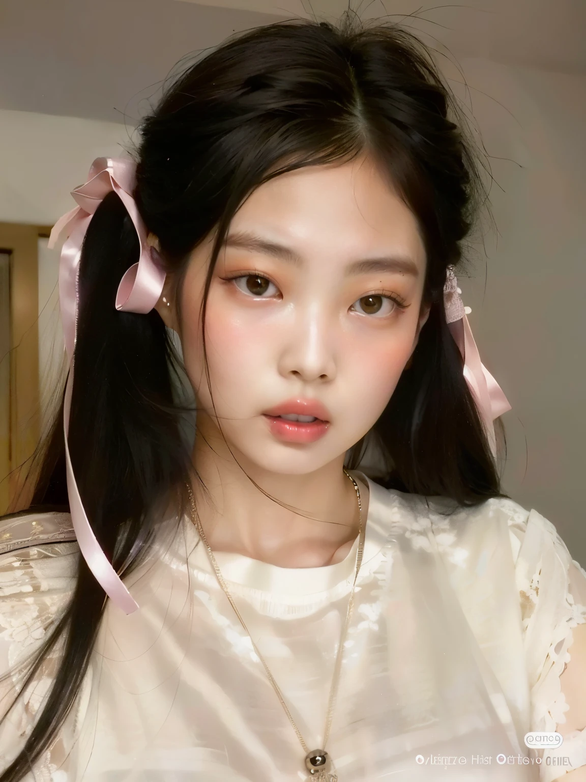 Hay una mujer con un lazo rosa en la cabeza, jennie rosa negro, ulzzang, joven y adorable rostro coreano, pale korean adorable face, muchacha coreana, peinado de coletas, rasgos de la cara coreana, hermosa mujer surcoreana, two peinado de coletas, jossi de blackpink, Young cute pale asian face, maquillaje popular de corea del sur, con coletas negras, jaeyeon nam