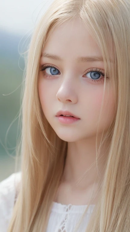 very beautiful face、Beautiful, extremely long blonde hair dancing in the strong wind、Bangs swaying between eyes、 cute bright blue big eyed blonde girl、very big eyes、hair above eyes、片hair above eyes、hair between eyes、small face beautiful girl、cheek gloss highlight、Extremely pure white skin