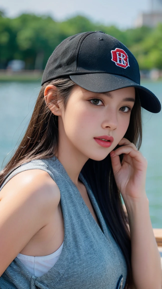 A beautiful woman standing on a pier by the lake, One hand is close to the face and the hand is sticky, shot from afar, Medium hair, flipped hair, Wavy hair, baseball cap, Beautiful blue lake, (Masterpiece: 1.1), (8K, RAW photo:1.2), (Best quality: 1.1), Black and gray fishing vest like life jacket, Fishing