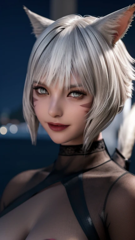 (8k, RAW photo, best quality, masterpiece:1.2), (masterpiece),(best quality:1.3),(ultra detailed:1.2),(highres:1.1), (extremely detailed CG), best quality, ultra-detailed, beautiful, , {{{1 girl}}},mature female,miqo'te, medium breasts, sweating,(grey_eyes:1.3),white_hair,short hair, choker, solo, cat ears, cat tail, naughty face, see-through,, slit pupils, shiny skin, looking at viewer, neck_tattoo,facial_mark,night, moonlights, depth of field, black mage, gem, upper body, y'shtola rhul, tattoo, blind, hair ornament,dark skin, bangs, jewelry, nude, full body