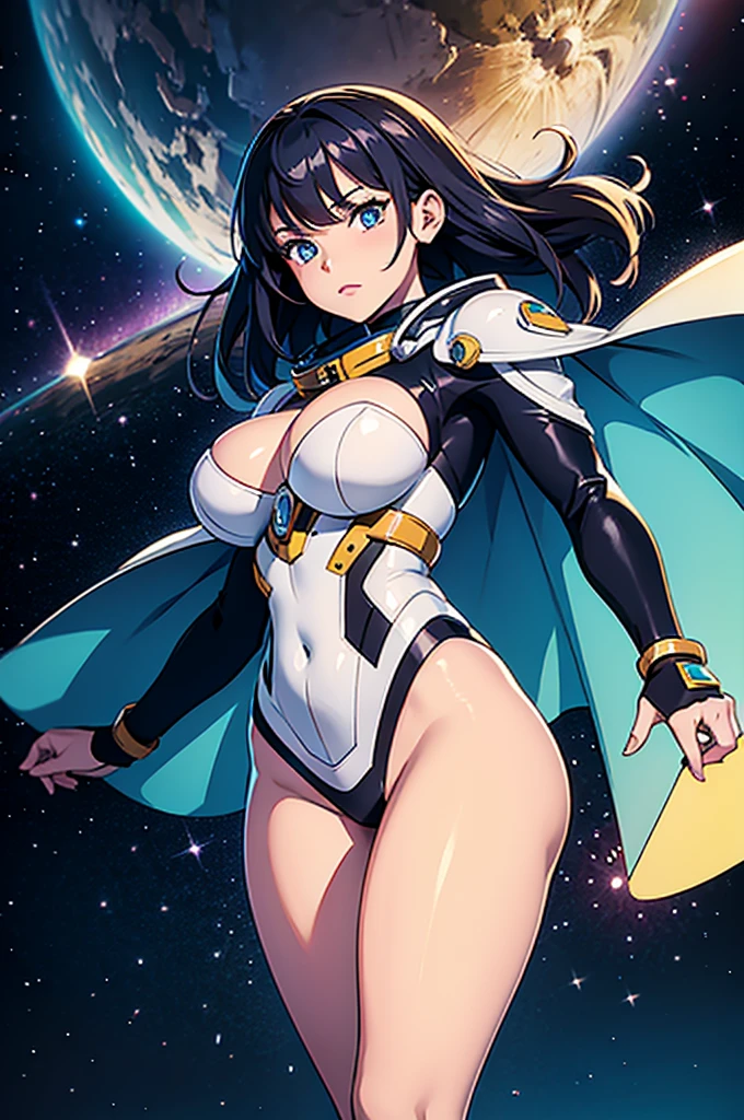 (best quality,4k,8k,highres,masterpiece:1.2),ultra-detailed,anime girl fantasy,sci-fi,space suit,big chest,front view,solo photo,thick hair,thick thighs,standing,thick legs,colorful,powerful lighting,deeper shadows,sharp focus,detailed facial features,sparkling eyes,background with celestial elements.